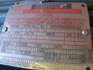 MOTOR, ELECTRIC TYPE, 40 HORSEPOWER, 460VAC 3 PHASE 60HZ ELEC RATING, 1765 RPM, 320TCZ FRAME, 50 AMPS, TENV ENCLOSURE, CONTINUOUS DUTY, 1.0 SERVICE FACTOR, 1-5/8" DIA SHAFT. THD SHAFT, C FACE MOUNT INSULATION CLASS 'H' TYPE 'RH',50C MAX AMBIENT TEMP. NEMA DESIGN 'A',NEMA LOCKED ROTOR CODE 'J',C-FACE MOUNTING, PART # 00600288-0128R2 (W-44) LOADING & HANDLING FEE $15-